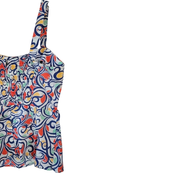 CAbi Sz 6 Cotton Pleated Smocked Back Multicolor Tank Top Peplum Blouse - Picture 6 of 13